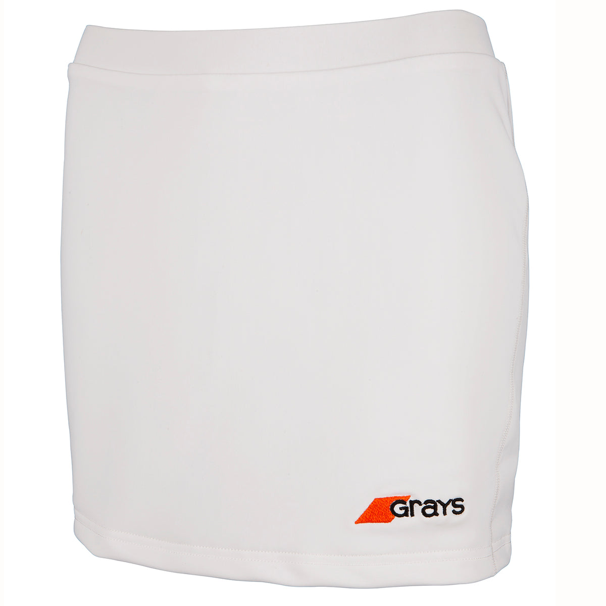 The Grays Junior Apex Hockey Skort is a plain white stretch-fabric skort with a black and orange Grays logo on the bottom right—ideal for girls' sportswear collections.