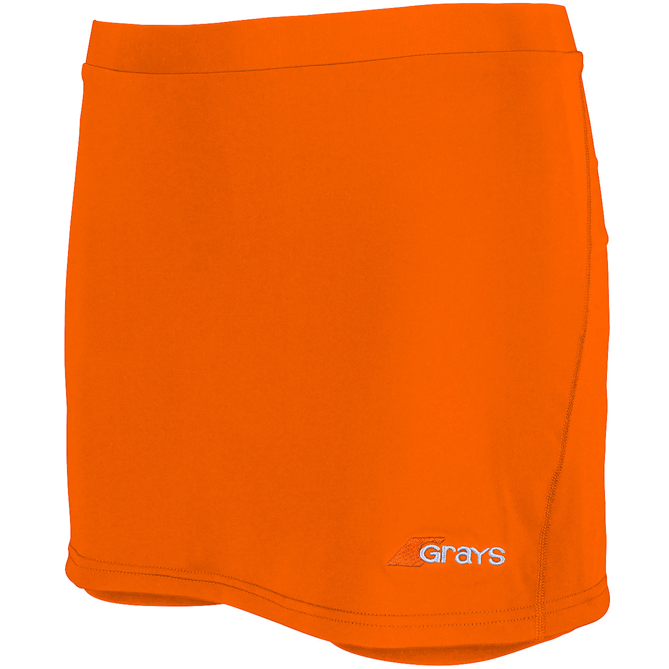 The Grays Junior Apex Hockey Skort features an orange stretch fabric, a simple design, and the Grays logo embroidered in white near the hem—ideal for girls' sportswear.