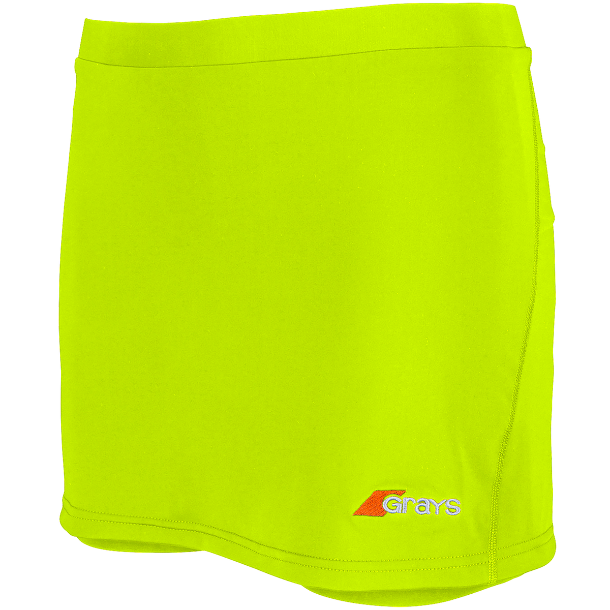 The Grays Apex Hockey Skort in Fluo Yellow features an elastic waistband, smooth design, and a small embroidered Grays logo in orange, gray, and white near the right hem. Perfect blend of comfort and style.