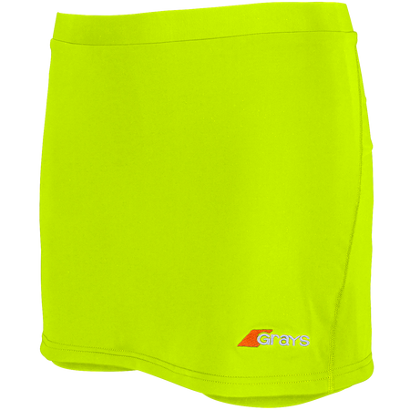 The Grays Apex Hockey Skort in Fluo Yellow features an elastic waistband, smooth design, and a small embroidered Grays logo in orange, gray, and white near the right hem. Perfect blend of comfort and style.