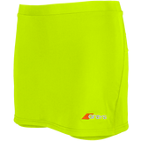 The Grays Junior Apex Hockey Skort is a bright yellow stretch skort with an orange and white embroidered Grays logo near the right hem, shown against a plain white background. Ideal for girls sportswear.