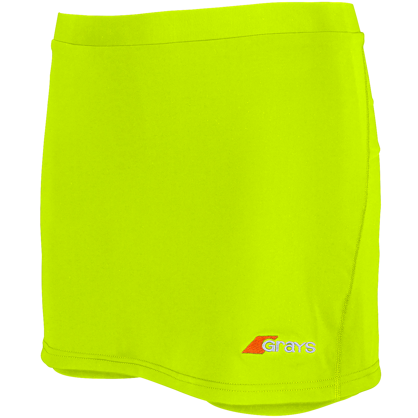 The Grays Junior Apex Hockey Skort is a bright yellow stretch skort with an orange and white embroidered Grays logo near the right hem, shown against a plain white background. Ideal for girls sportswear.