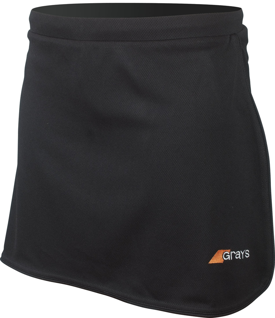 The Grays G600 Skort is a navy women's sports skirt featuring the Grays logo, made from stretch lycra for comfort—ideal as a versatile fashion skort for any activity.
