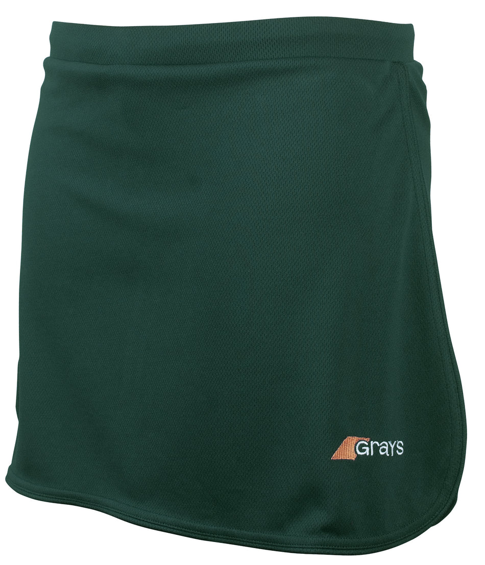 The Grays G600 Skort is a dark green stretch lycra skort featuring a subtle mesh texture and the Grays logo in white and orange on the lower right side.