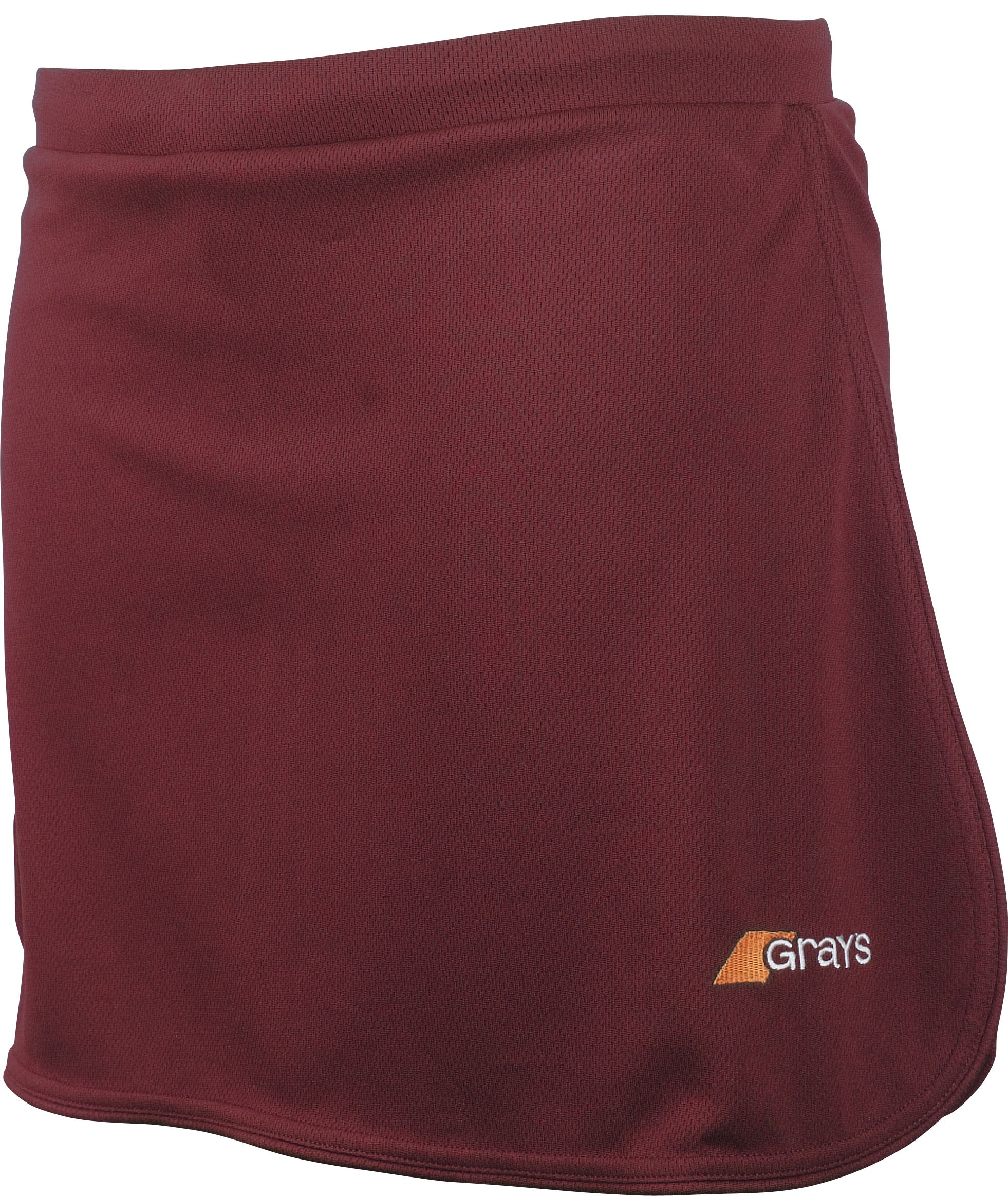 The Grays G600 Skort is a maroon women's sports skirt made from stretch lycra fabric, featuring a subtle mesh texture and a small white and yellow Grays logo near the bottom right hem for comfort and style.