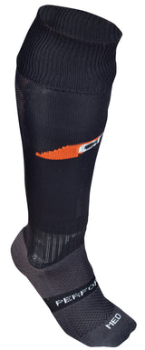 The Grays G650 Hockey Sock by Grays is a single black sports sock with orange and white accents, breathable mesh panels, and "PERFORMANCE plus MED" near the ankle—perfect as a hockey sock.
