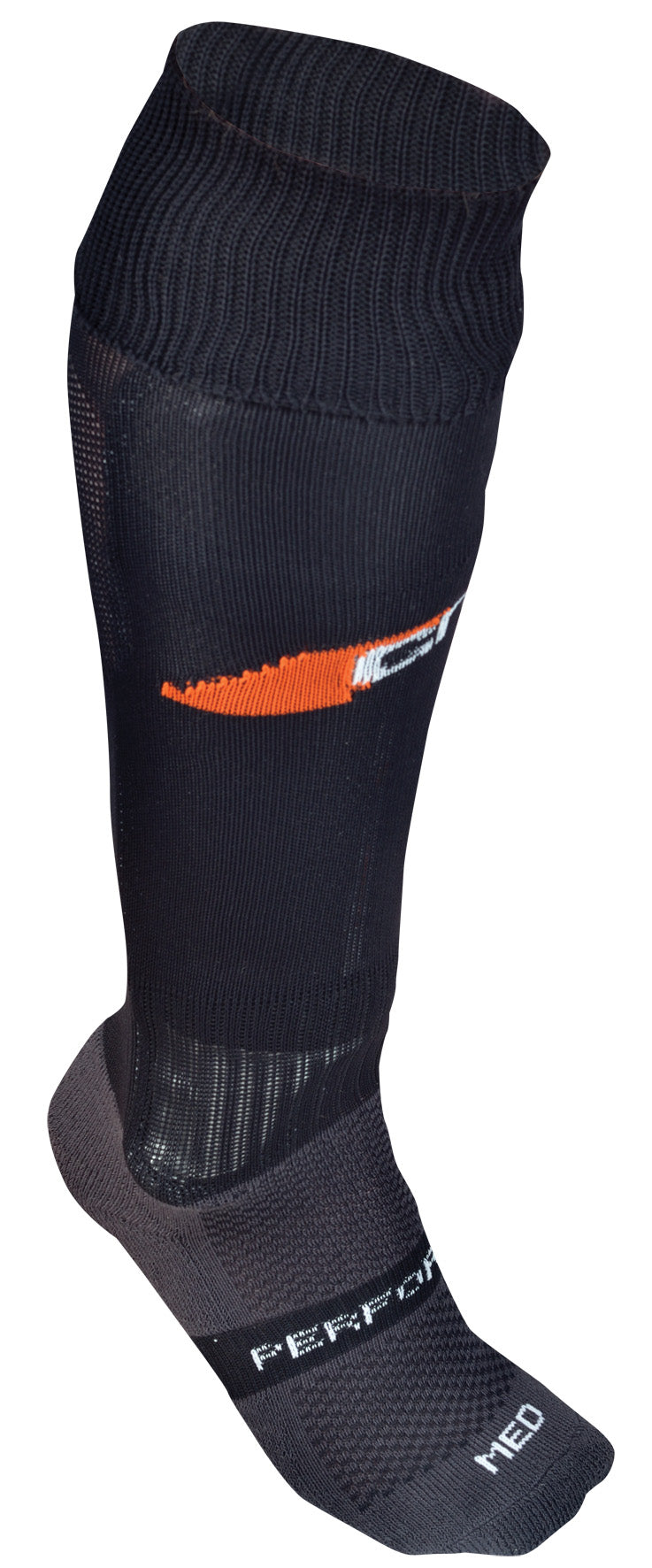 The Grays G650 Hockey Sock by Grays is a single black sports sock with orange and white accents, breathable mesh panels, and "PERFORMANCE plus MED" near the ankle—perfect as a hockey sock.