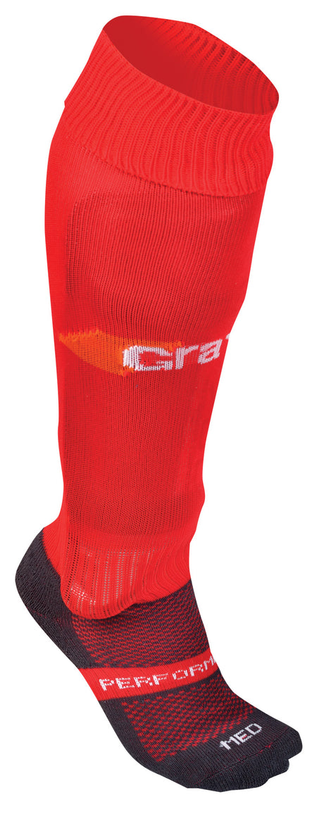 A single Grays G650 Hockey Sock by Grays in red/black with mesh ventilation, 'PERF' and 'MED' on the foot, partial white 'SRB' on the calf, displayed on an invisible foot.