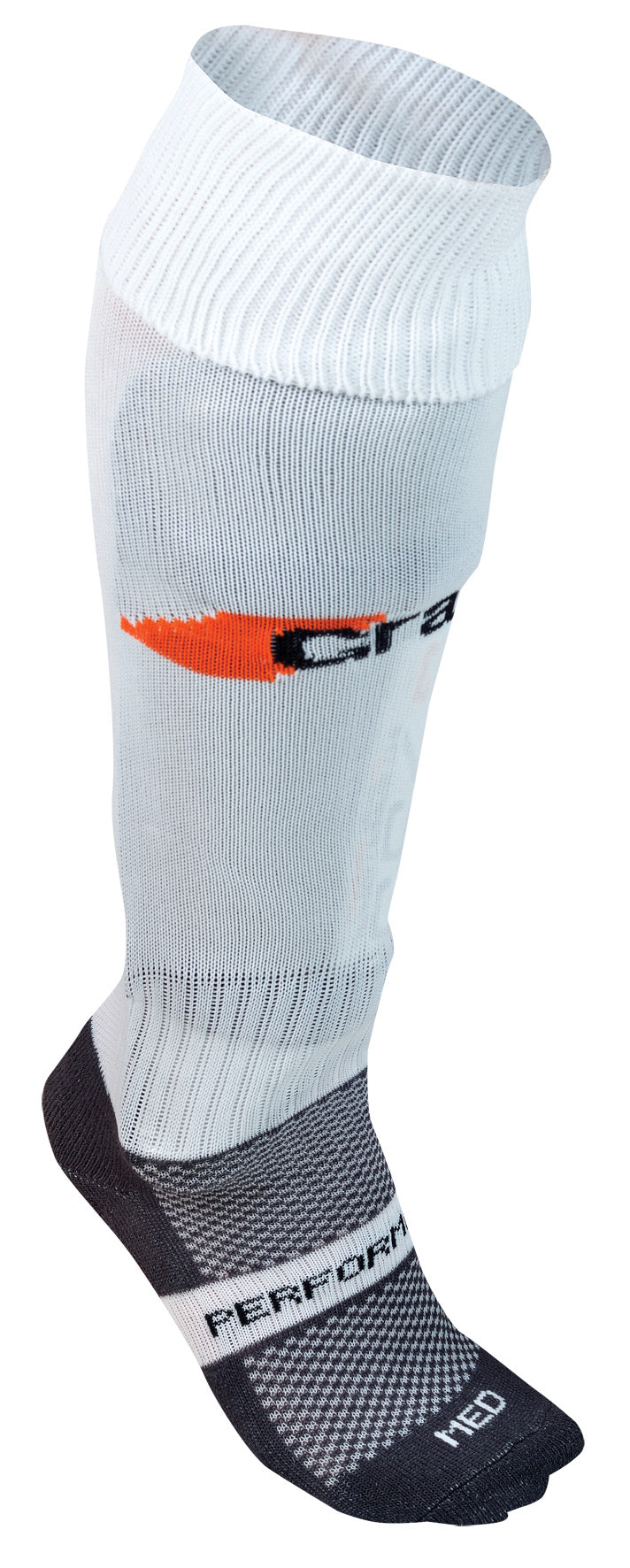 The Grays G650 Hockey Sock by Grays is a single white knee-high athletic sock with black foot detailing, mesh ventilation, an orange and black logo on the calf, and PERFORMANCE and MED printed near the cushioned toe for comfort.