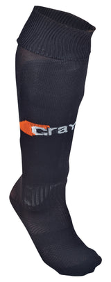 The Grays G550 Hockey Sock is a black knee-high athletic sock featuring ribbed detailing and an orange and white geometric design—perfect for athletes seeking style, comfort, and breathability on the field.