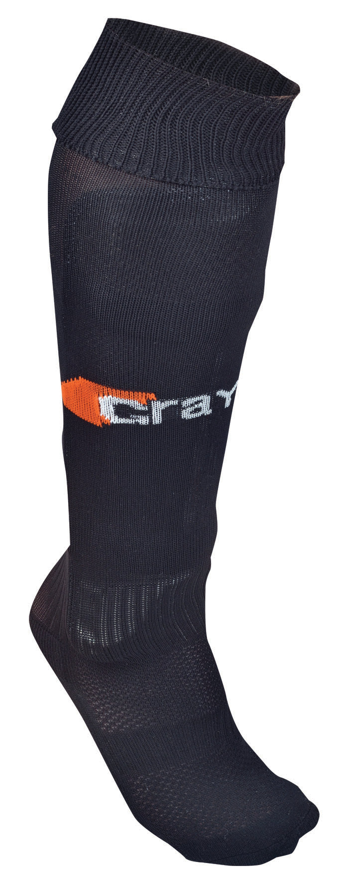 The Grays G550 Hockey Sock is a black knee-high athletic sock featuring ribbed detailing and an orange and white geometric design—perfect for athletes seeking style, comfort, and breathability on the field.