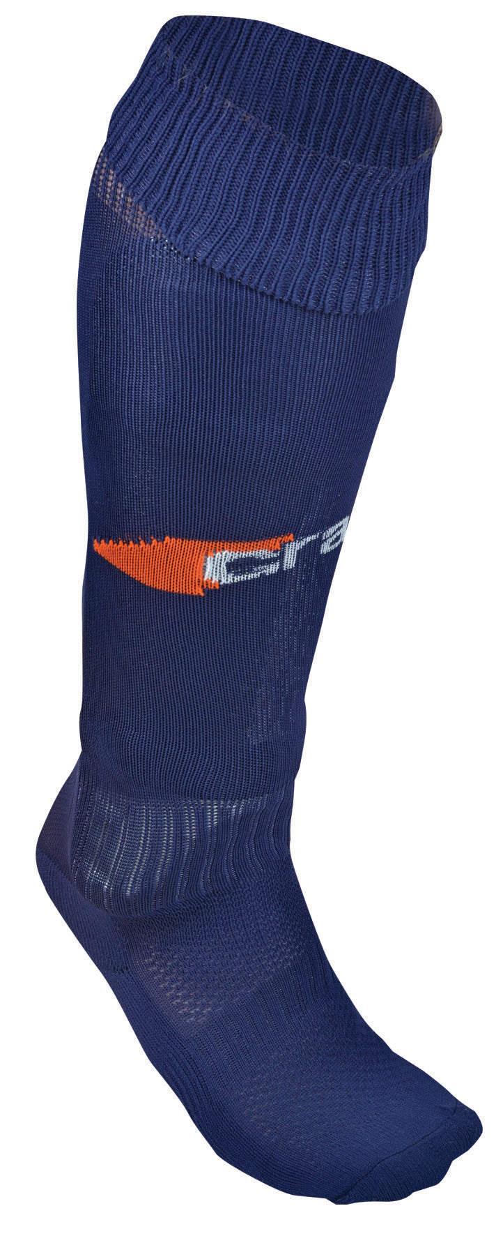 The Grays G550 Hockey Sock by Grays features a navy hue, ribbed texture, and an orange and white logo on the calf, providing breathable comfort for athletic performance.