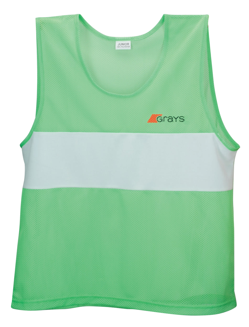 The Grays Hockey Training Bibs (Senior) is a sleeveless green sports bib made from lightweight, breathable polyester mesh, with a white chest stripe and the Grays logo on the upper left.