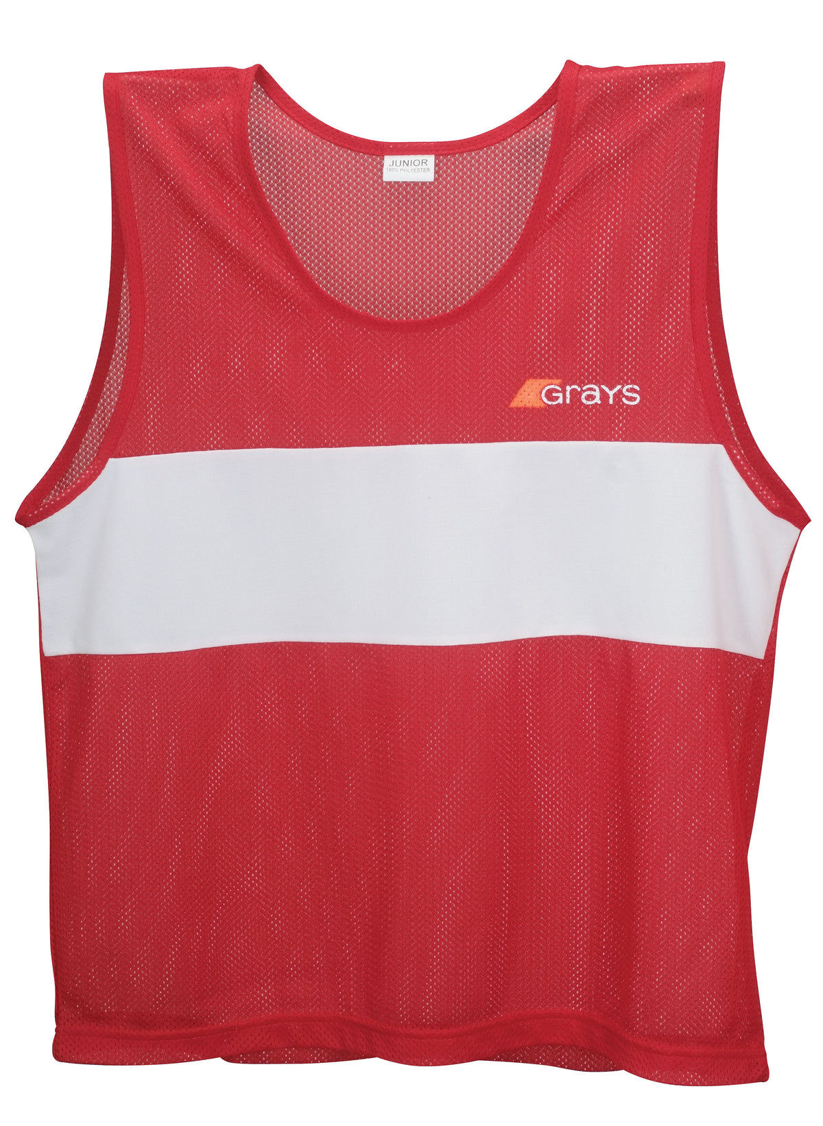 The Grays Hockey Training Bibs (Senior) by Grays are lightweight, breathable red polyester mesh sports bibs with a wide white chest stripe and the Grays logo in orange and white on the left side.
