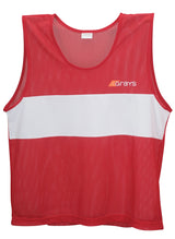 The Grays Hockey Training Bibs (Senior) by Grays are lightweight, breathable red polyester mesh sports bibs with a wide white chest stripe and the Grays logo in orange and white on the left side.