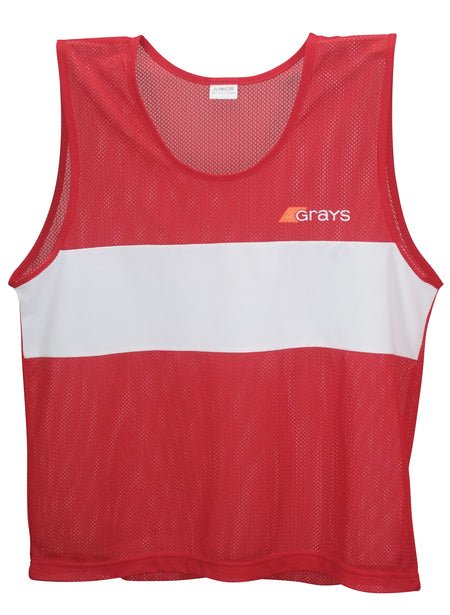 The Grays Hockey Training Bibs (Senior) by Grays are lightweight, breathable red polyester mesh sports bibs with a wide white chest stripe and the Grays logo in orange and white on the left side.