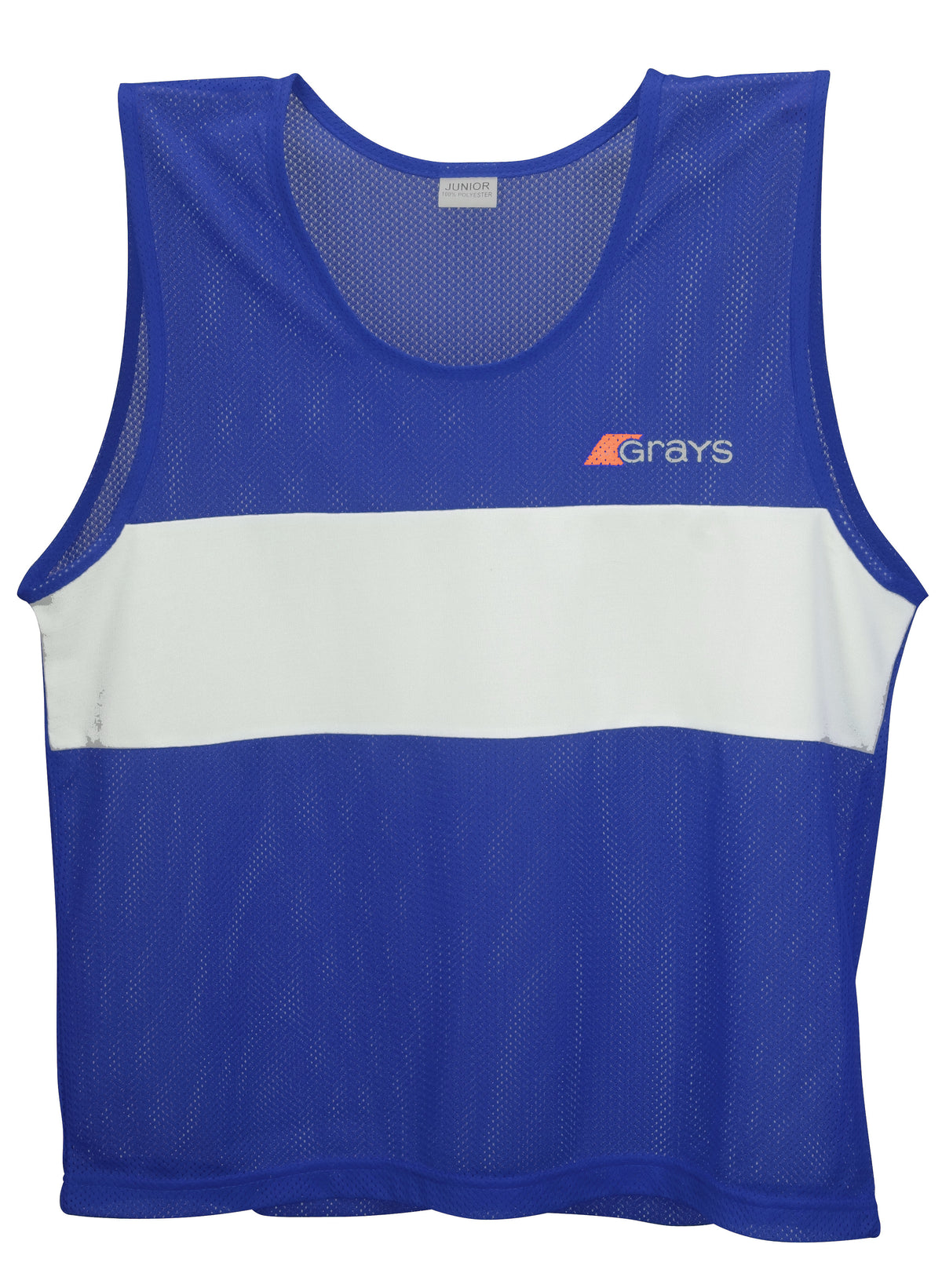 The Grays Hockey Training Bibs (Senior) by Grays are lightweight, breathable royal polyester mesh sports bibs featuring a white horizontal stripe and an orange and white Grays logo on the upper left.