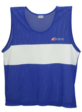 The Grays Hockey Training Bibs (Senior) by Grays are lightweight, breathable royal polyester mesh sports bibs featuring a white horizontal stripe and an orange and white Grays logo on the upper left.