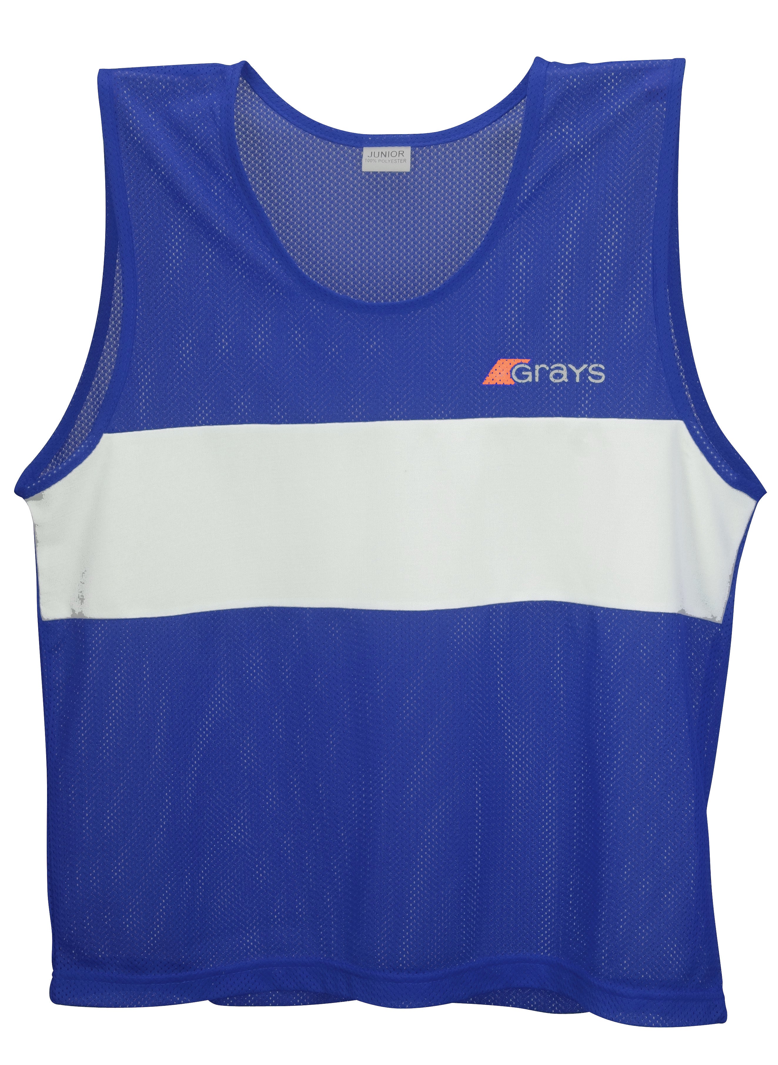 The Grays Hockey Training Bibs (Senior) by Grays are lightweight, breathable royal polyester mesh sports bibs featuring a white horizontal stripe and an orange and white Grays logo on the upper left.