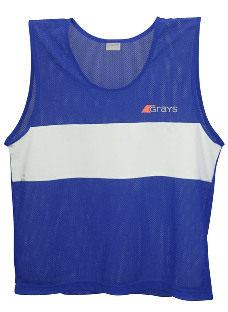 The Grays Hockey Training Bibs (Senior) by Grays are lightweight, breathable royal polyester mesh sports bibs featuring a white horizontal stripe and an orange and white Grays logo on the upper left.