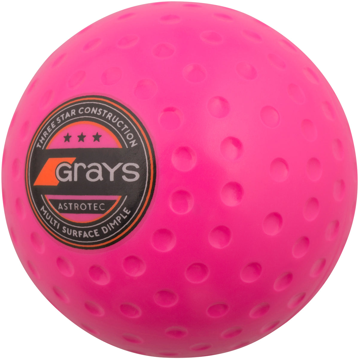 The Grays Astrotec Hockey Ball is a bright pink match ball with Three Star Construction and Multi Surface Dimple, featuring the black and orange Grays logo—ideal for county level play.