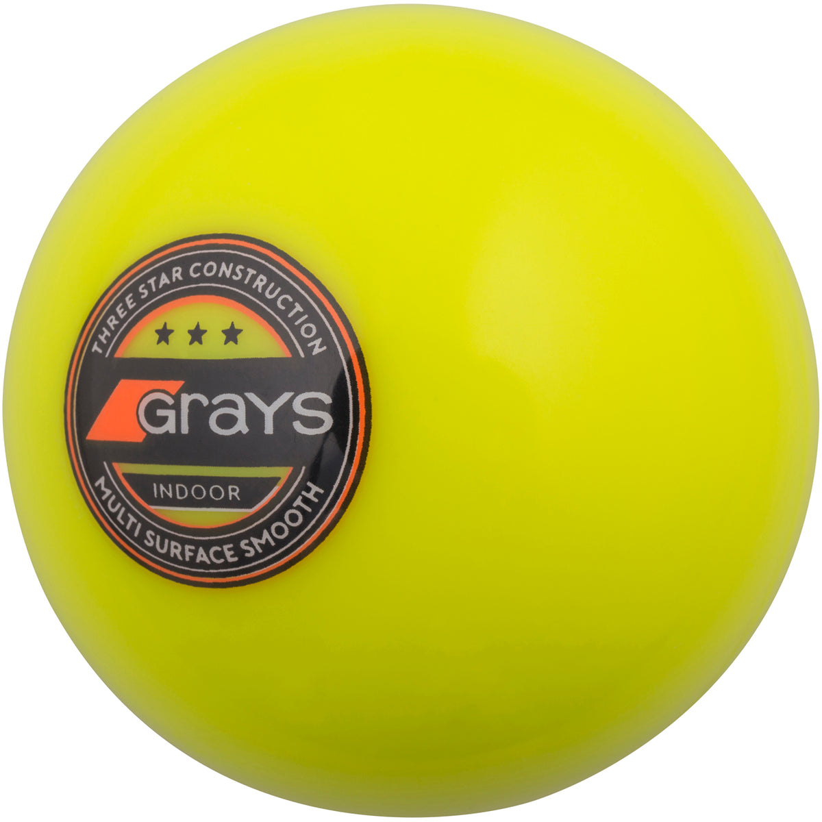 The Grays Indoor Hockey Ball is a bright yellow 3-Star practice ball featuring a black and orange Grays logo sticker with "Multi Surface Smooth.