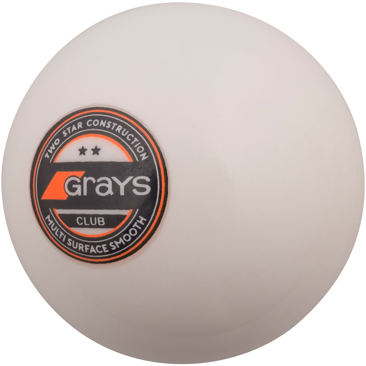 The Grays Club Hockey Ball is a white training ball with a black, orange, and silver logo, marked "Two Star Construction" and "Multi Surface Smooth"—ideal for club-level play on synthetic pitches.