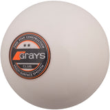 The Grays Club Hockey Ball is a white training ball with a black, orange, and silver logo, marked "Two Star Construction" and "Multi Surface Smooth"—ideal for club-level play on synthetic pitches.