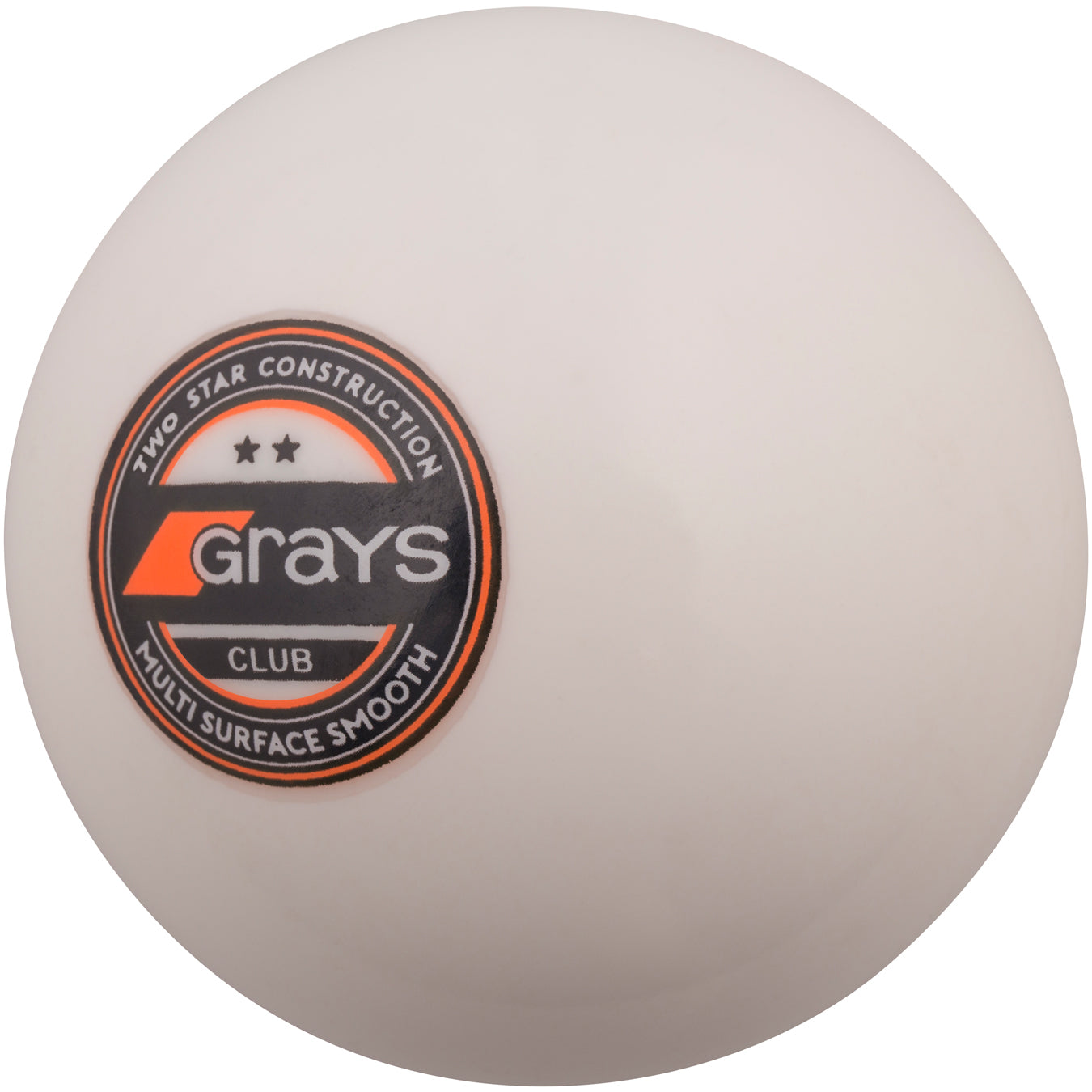 The Grays Club Hockey Ball is a white training ball with a black, orange, and silver logo, marked "Two Star Construction" and "Multi Surface Smooth"—ideal for club-level play on synthetic pitches.