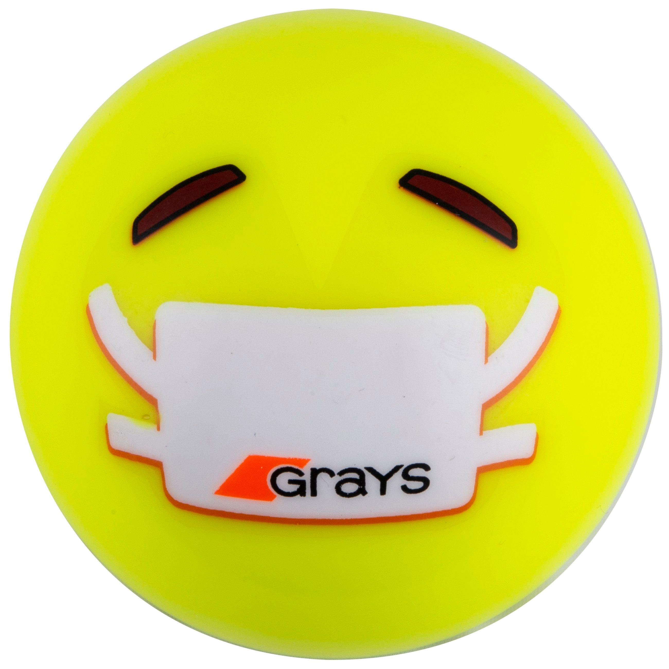 The Grays Emoji Hockey Balls (2021) from Martin Berrill Sports feature a yellow smiling emoji face with a white mask labeled “Grays”—a fun addition to any hockey game or emoji hockey ball collection.