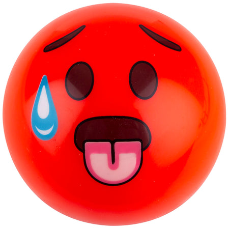 The Grays Emoji Hockey Balls (2021) from Martin Berrill Sports feature a round, red face with wide eyes, an open mouth, pink tongue, raised brows, and a blue teardrop—capturing that fun, anxious pre-practice hockey vibe.