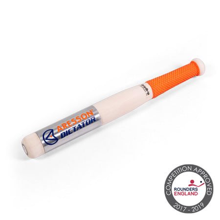 The Aresson Dictator Rounders Bat & Ball Pack by Aresson is displayed beside a Rounders England Competition Approved 2017–2019 badge, showcasing the bat’s quality and official recognition.
