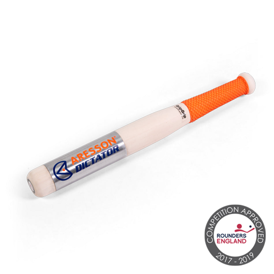 The Aresson Dictator Rounders Bat & Ball Pack by Aresson is displayed beside a Rounders England Competition Approved 2017–2019 badge, showcasing the bat’s quality and official recognition.
