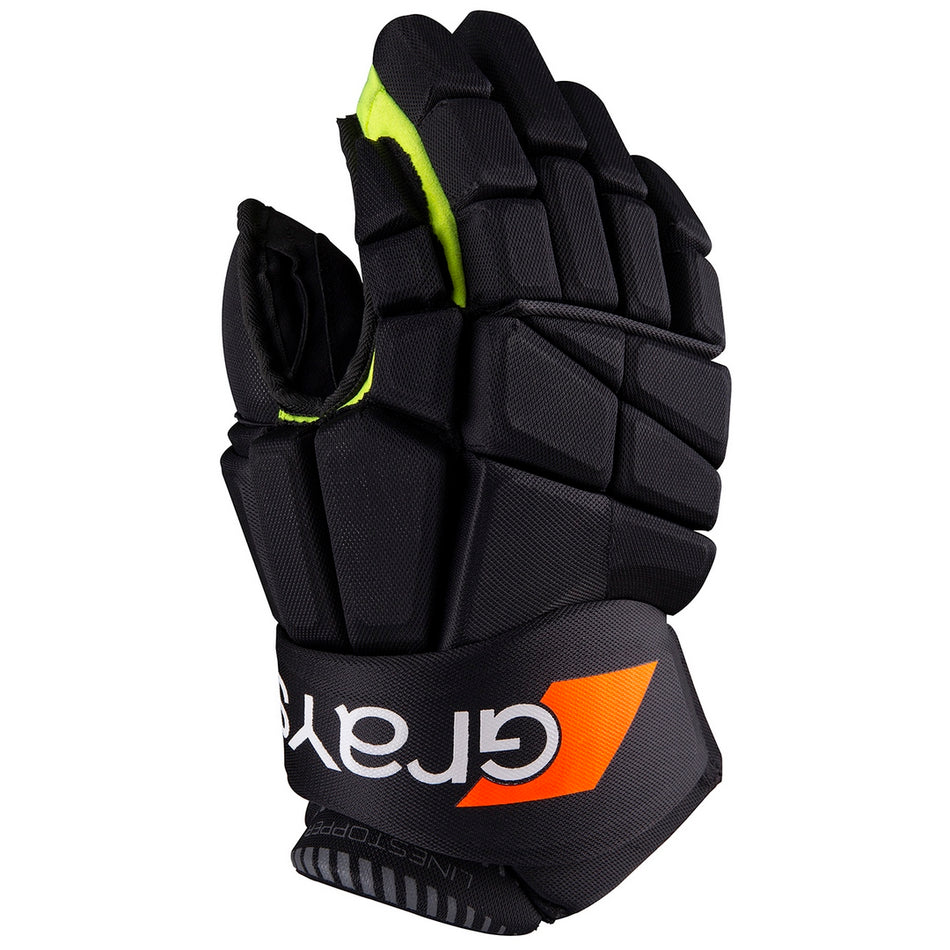 The Grays Linestopper Glove Black/Fluo Yellow features black padded segments, neon yellow lining, and orange and white Grays branding on the wrist. FIH compliant, it’s slightly curved for ergonomic all-round protection.