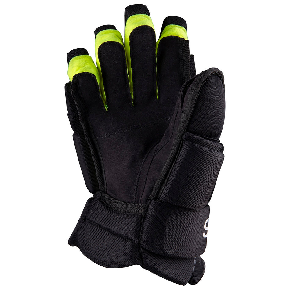 The Grays Linestopper Glove Black/Fluo Yellow is an FIH-compliant defender glove with thick padding and neon yellow fingertip accents, offering all-round protection, safety, and high impact absorption.