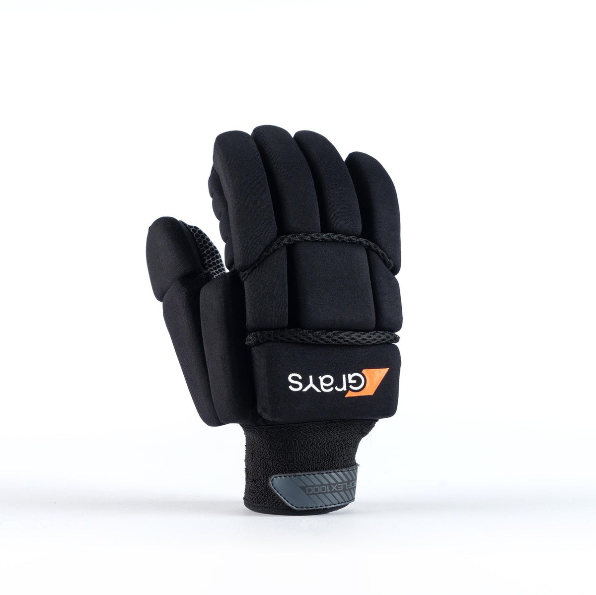 The Grays Proflex 1000 Hockey Glove is a black, padded protective glove with "Grays" and an orange triangle on the wrist strap. It features textured material and knuckle protection on the palm side, shown upright with fingers curled into a fist.