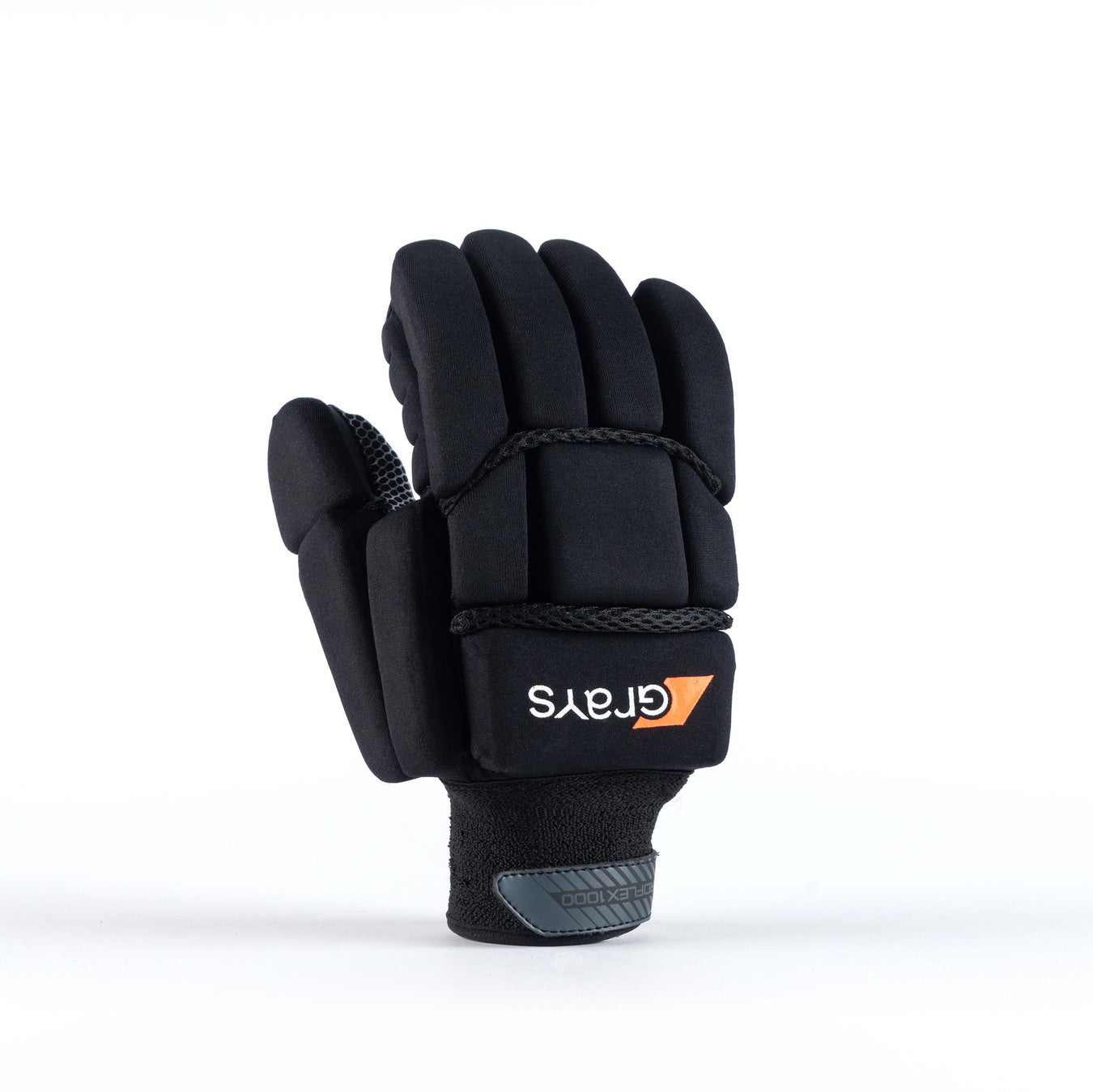 The Grays Proflex 1000 Hockey Glove is a black, padded protective glove with "Grays" and an orange triangle on the wrist strap. It features textured material and knuckle protection on the palm side, shown upright with fingers curled into a fist.