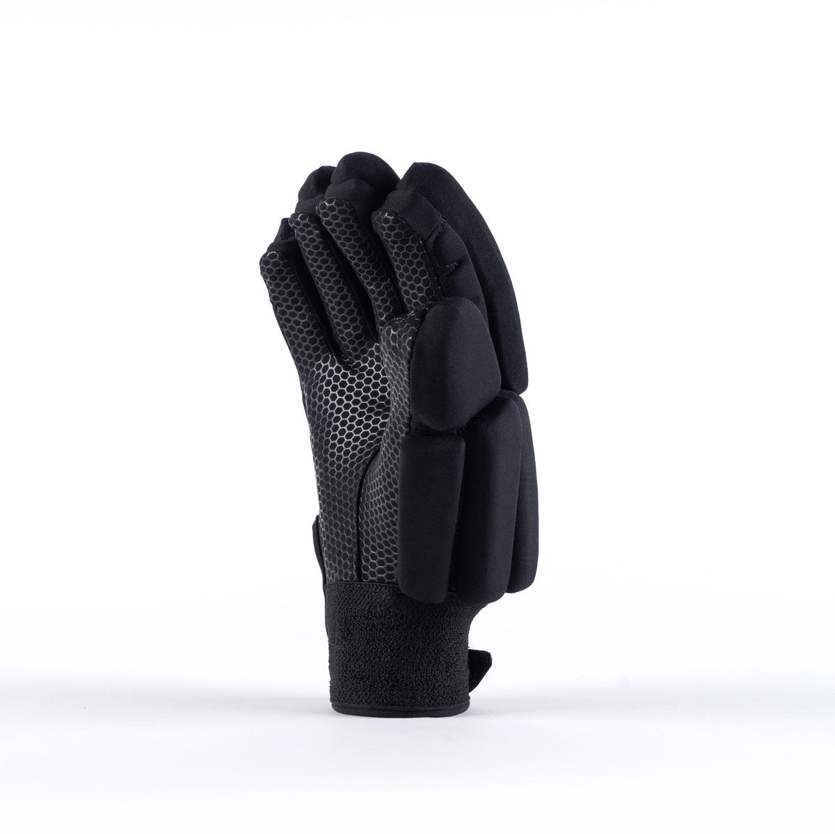 The Grays Proflex 1000 Hockey Glove by Grays features black and gray padding, curled fingers, and textured material on the palm and fingers for enhanced knuckle protection, shown upright on a white background.