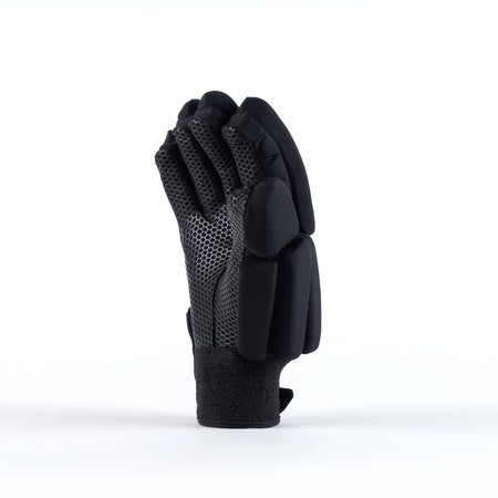 The Grays Proflex 1000 Hockey Glove by Grays features black and gray padding, curled fingers, and textured material on the palm and fingers for enhanced knuckle protection, shown upright on a white background.
