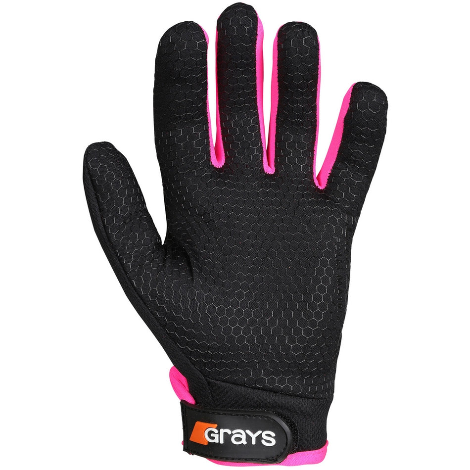 The Grays G500 Gel Gloves Black/Pink feature a hexagonal grip, pink accents, adjustable wrist strap, and the Grays logo in white and orange. Impact-absorbing gel padding provides protection. Shown palm up.