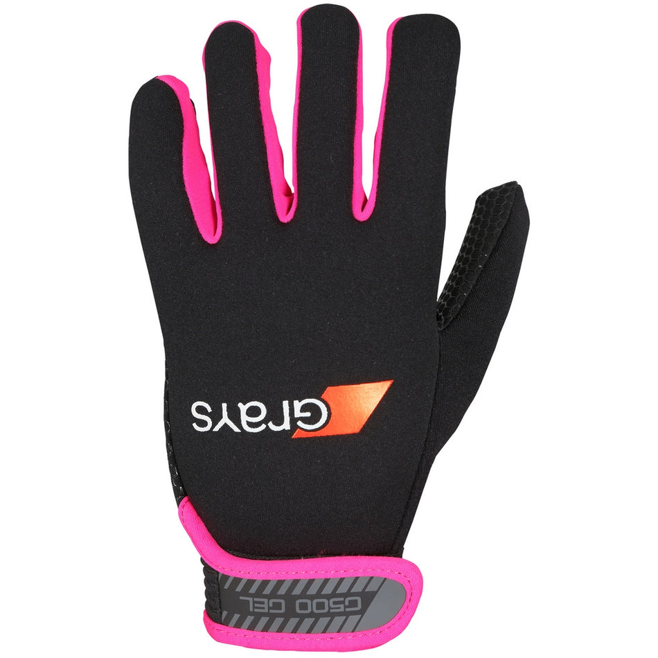 The Grays G500 Gel Gloves Black/Pink feature impact-absorbing gel, a Velcro wrist strap, and the Grays logo in white and orange. Shown palm-down, these black gloves have pink trim and accents.