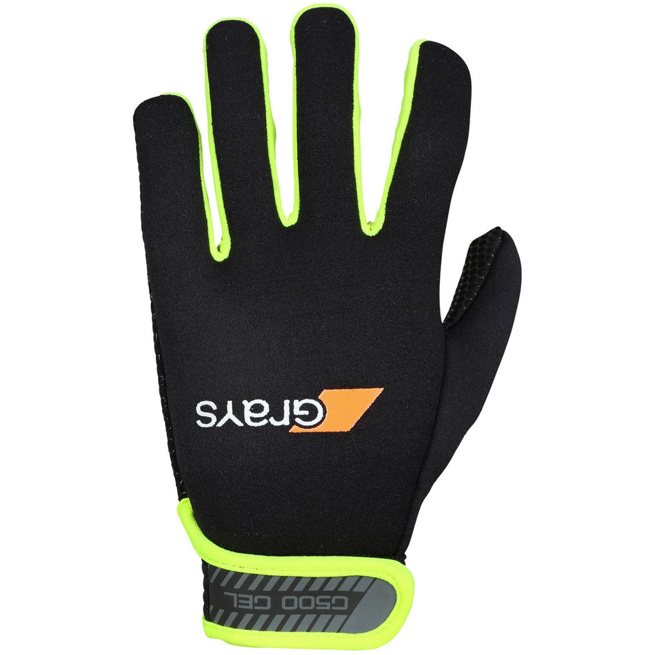 The Grays G500 Gel Gloves Black/Fluo Yellow feature impact-absorbing gel, black with neon yellow trim, a white and orange Grays logo on the back, and a G500 GEL label on the adjustable wrist strap. Shown with extended fingers, palm down.