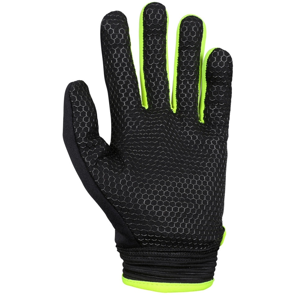 The Grays G500 Gel Gloves Black/Fluo Yellow features a black design with neon yellow accents, impact-absorbing gel padding, and a hexagonal textured grip pattern; pictured with the palm facing up.