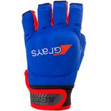 The Grays Touch Hockey Glove by Grays in navy/red features an orange back logo, knuckle armour, padding, and a black adjustable wrist strap with "TOUCH"—perfect for better stick handling.