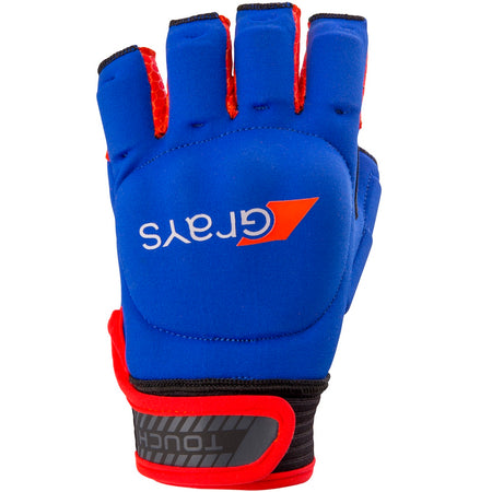 The Grays Touch Hockey Glove by Grays in navy/red features an orange back logo, knuckle armour, padding, and a black adjustable wrist strap with "TOUCH"—perfect for better stick handling.