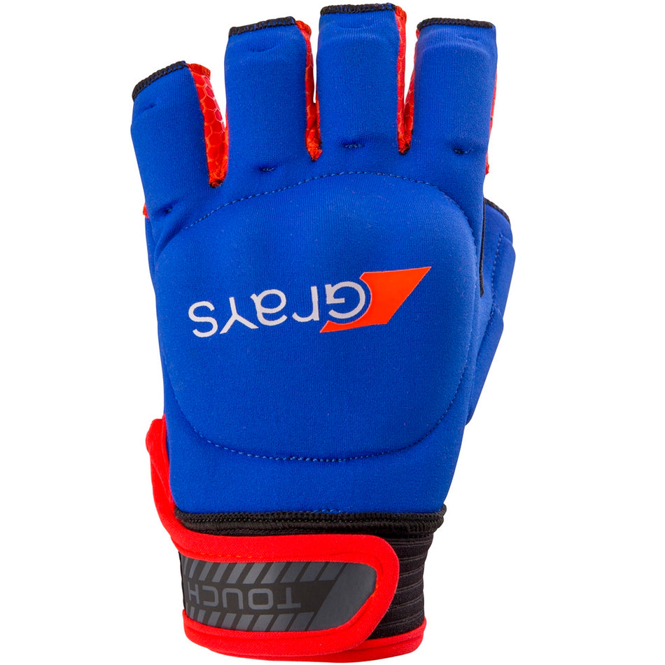 The Grays Touch Hockey Glove by Grays in navy/red features an orange back logo, knuckle armour, padding, and a black adjustable wrist strap with "TOUCH"—perfect for better stick handling.