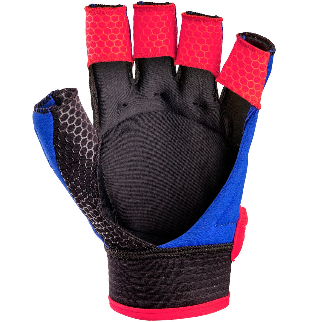 The Grays Touch Hockey Glove by Grays features a black, blue, and red fingerless design with hexagonal grip patterns, padded red fingertips, and reinforced knuckle armor—ideal for sports, fitness activities, or stick handling.
