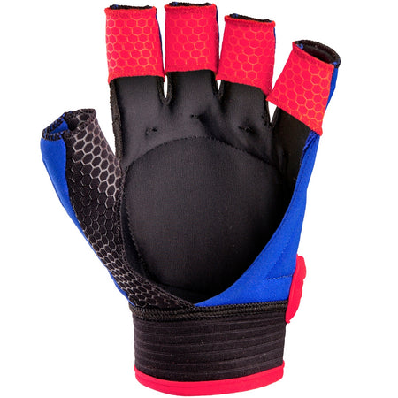The Grays Touch Hockey Glove by Grays features a black, blue, and red fingerless design with hexagonal grip patterns, padded red fingertips, and reinforced knuckle armor—ideal for sports, fitness activities, or stick handling.