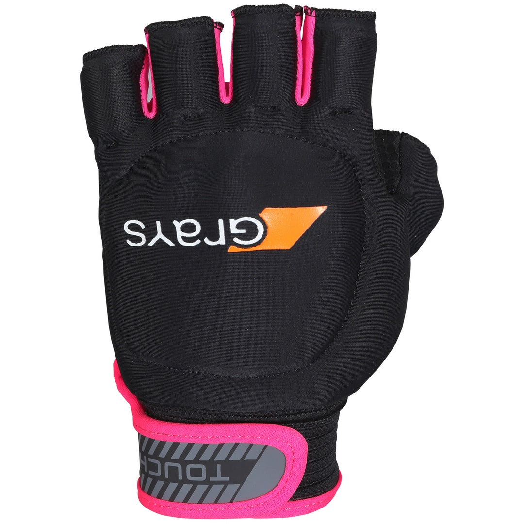 The Grays Touch Hockey Glove by Grays comes in Black/Pink and features a fingerless design, orange and white Grays logo, sturdy wrist strap with a gray touch panel, and is engineered for superior stick handling.