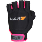 The Grays Touch Hockey Glove by Grays comes in Black/Pink and features a fingerless design, orange and white Grays logo, sturdy wrist strap with a gray touch panel, and is engineered for superior stick handling.